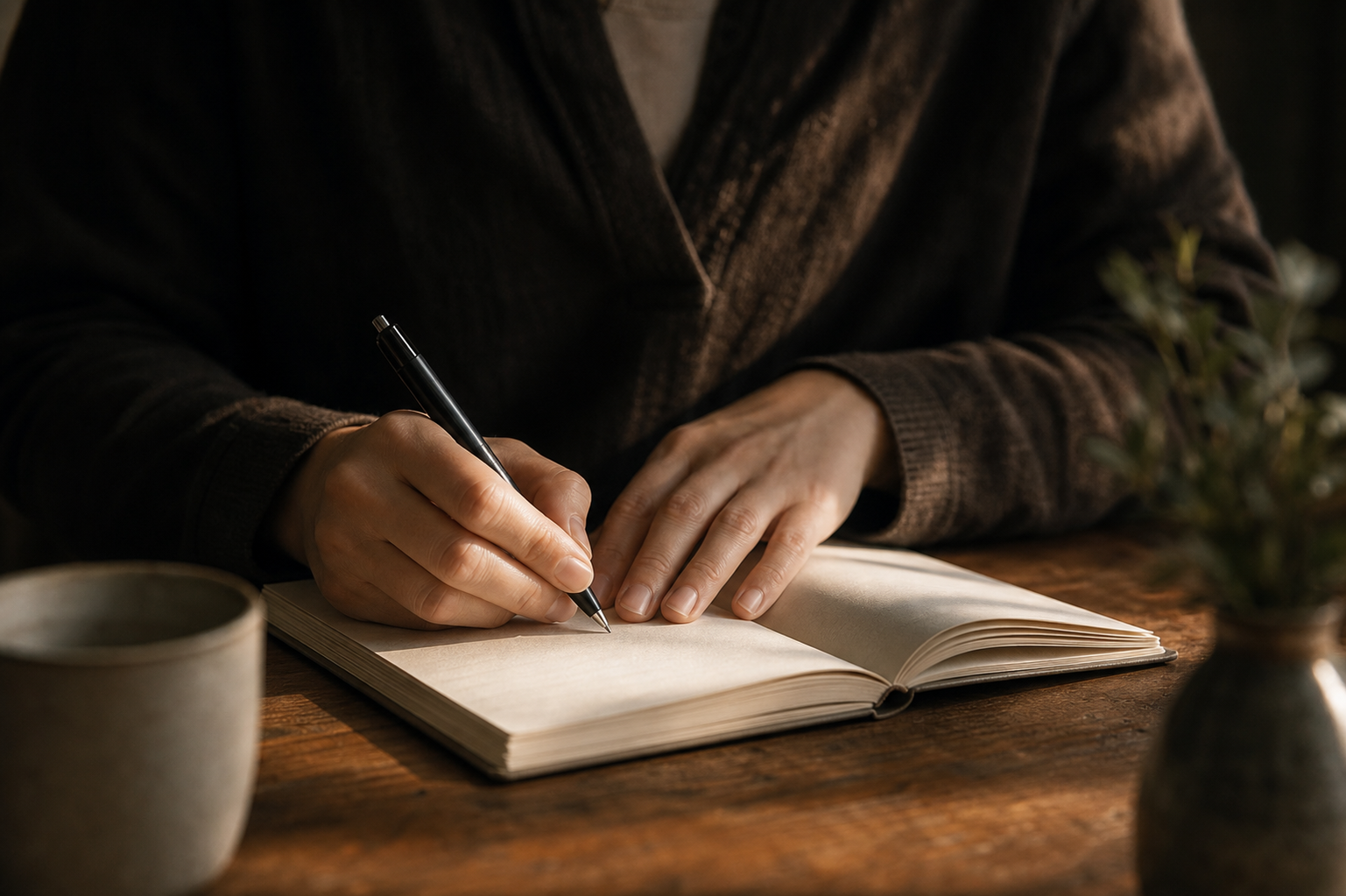 Hands writing in a journal