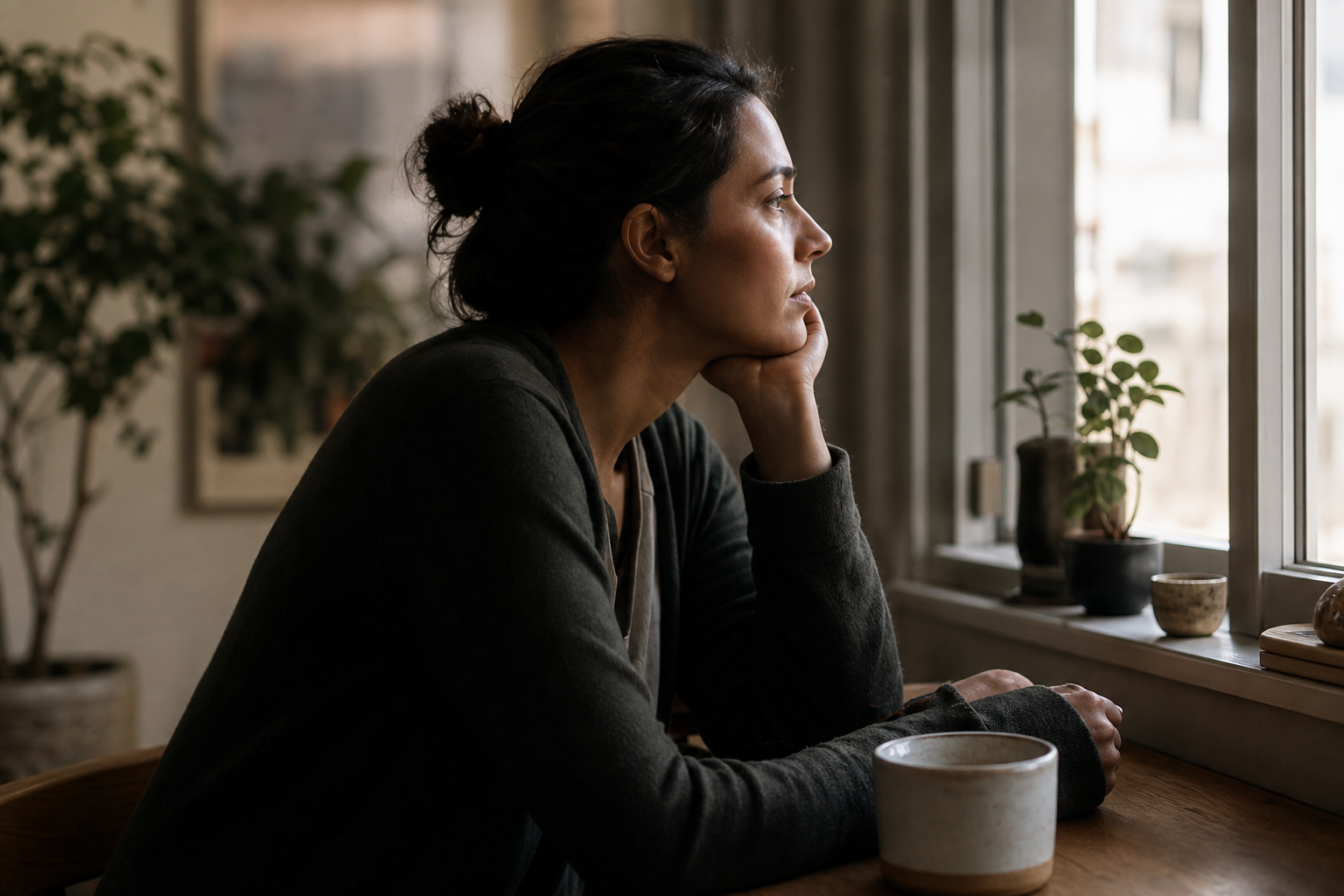 A person reflecting by a window
